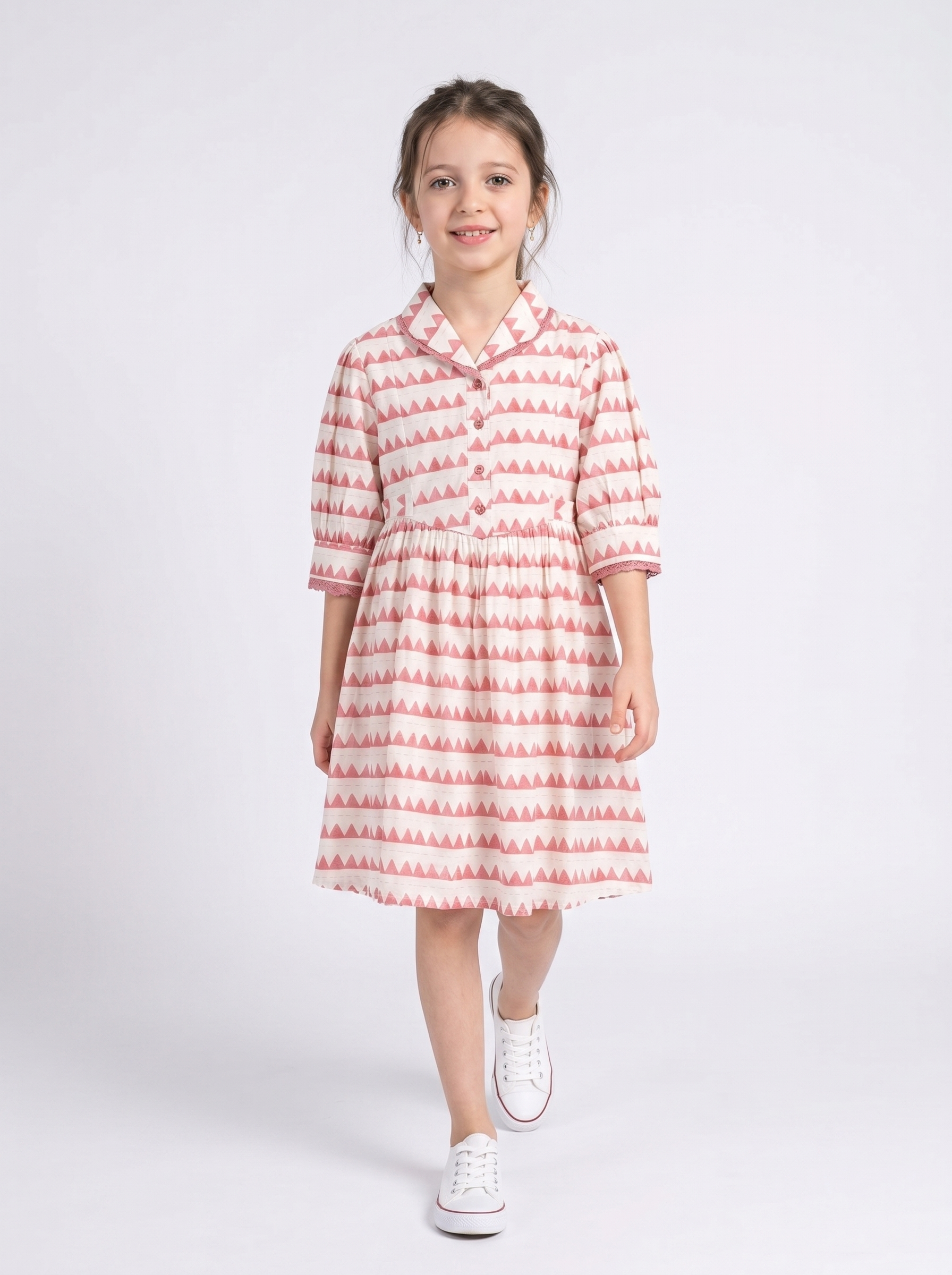Girls Sriped Cotton Woven Dress with bow Waist Appliqu - Peach & White - MADR670TT