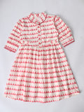 Girls Sriped Cotton Woven Dress with bow Waist Appliqu - Peach & White - MADR670TT