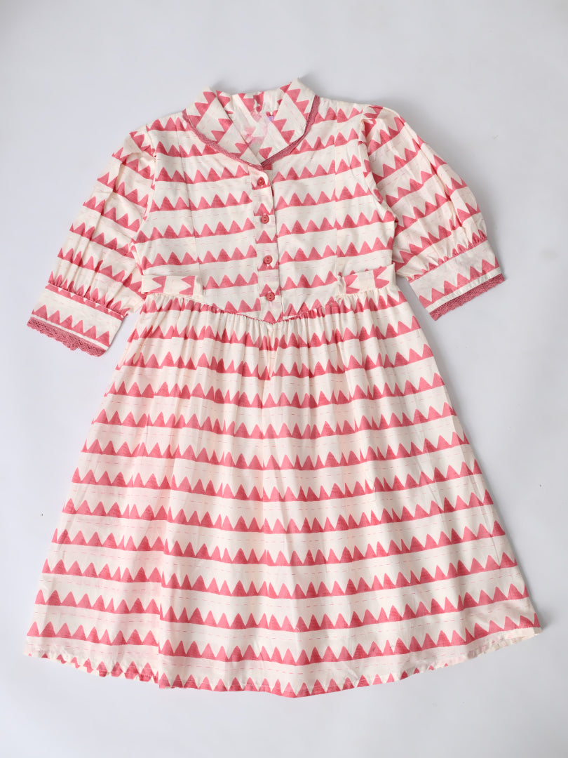 Girls Sriped Cotton Woven Dress with bow Waist Appliqu - Peach & White - MADR670TT