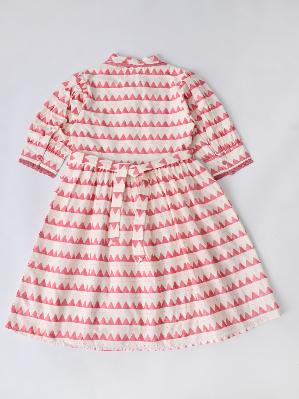 Girls Sriped Cotton Woven Dress with bow Waist Appliqu - Peach & White - MADR670TT
