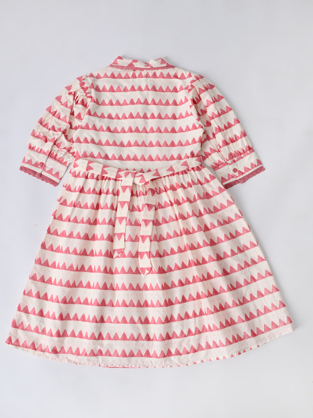 Girls Sriped Cotton Woven Dress with bow Waist Appliqu - Peach & White - MADR670TT
