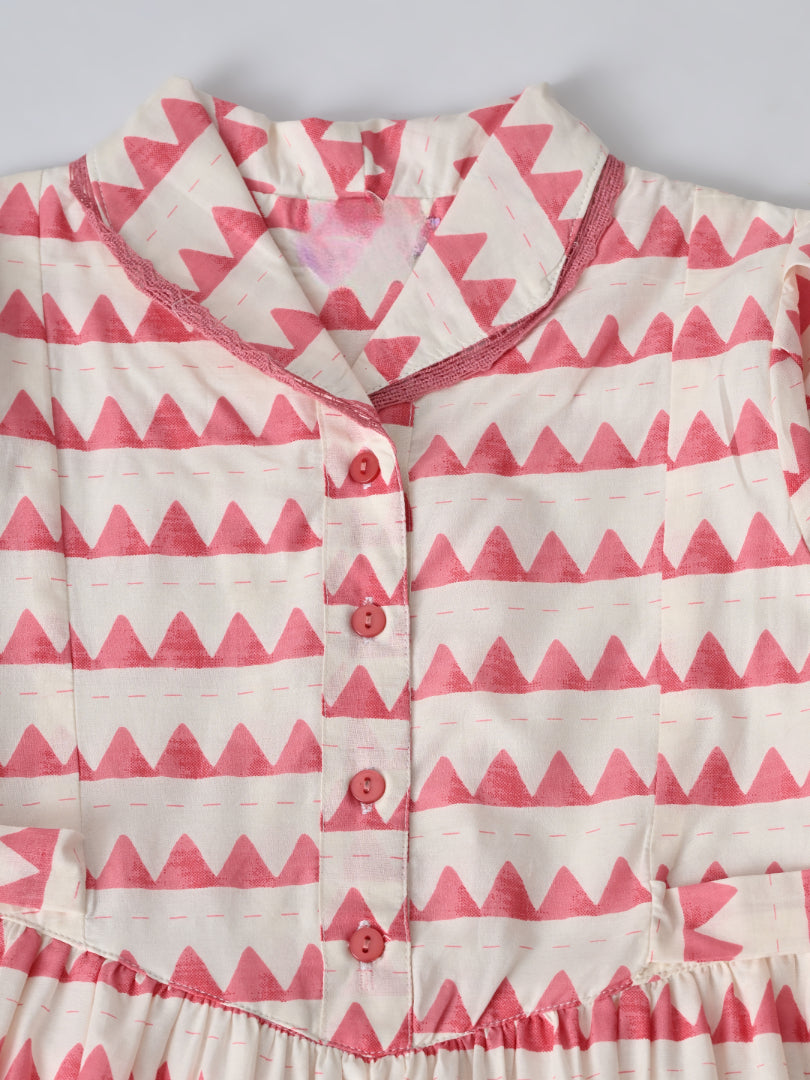 Girls Sriped Cotton Woven Dress with bow Waist Appliqu - Peach & White - MADR670TT