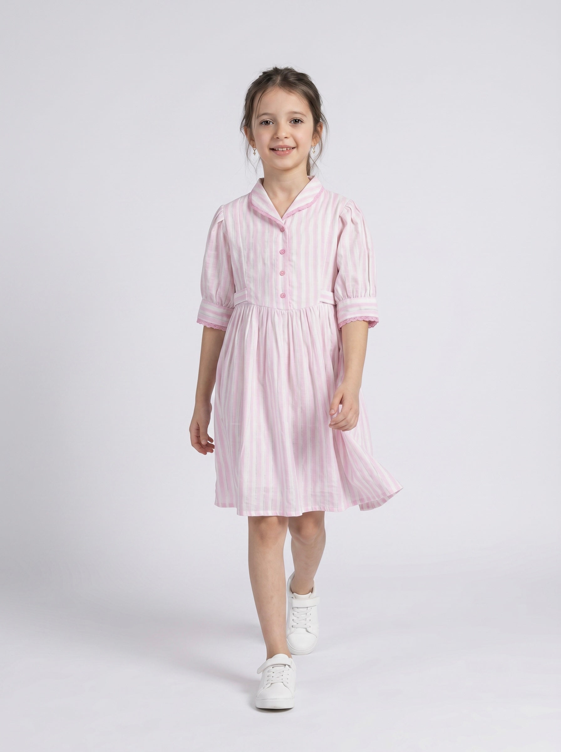 Girls Sriped Cotton Woven Dress with bow Waist Appliqu - Pink- MADR671TT