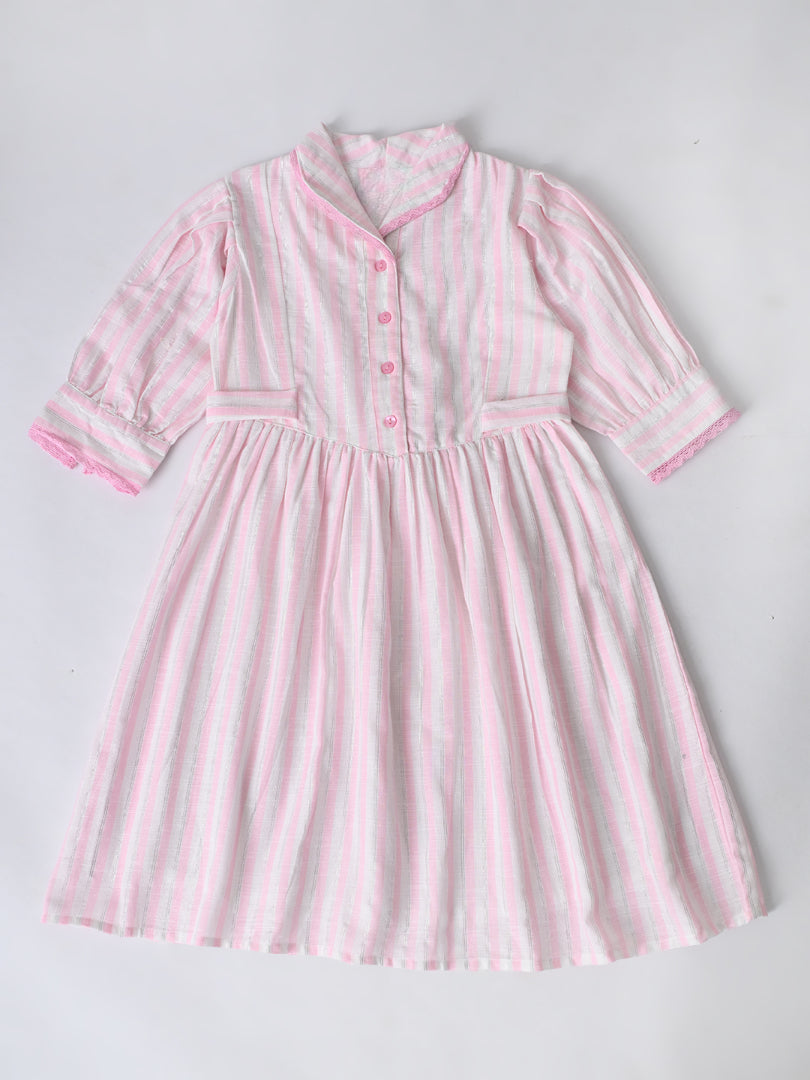 Girls Sriped Cotton Woven Dress with bow Waist Appliqu - Pink- MADR671TT