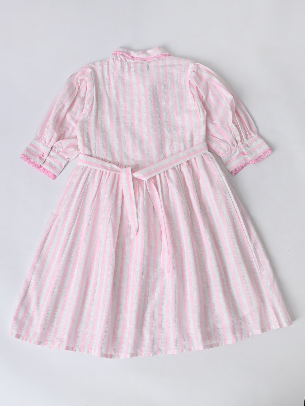 Girls Sriped Cotton Woven Dress with bow Waist Appliqu - Pink- MADR671TT