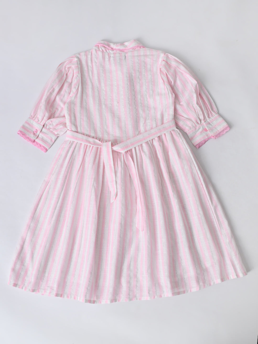 Girls Sriped Cotton Woven Dress with bow Waist Appliqu - Pink- MADR671TT