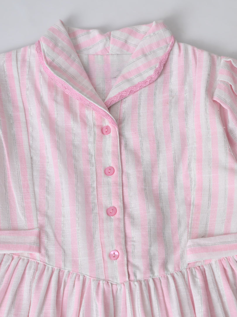 Girls Sriped Cotton Woven Dress with bow Waist Appliqu - Pink- MADR671TT