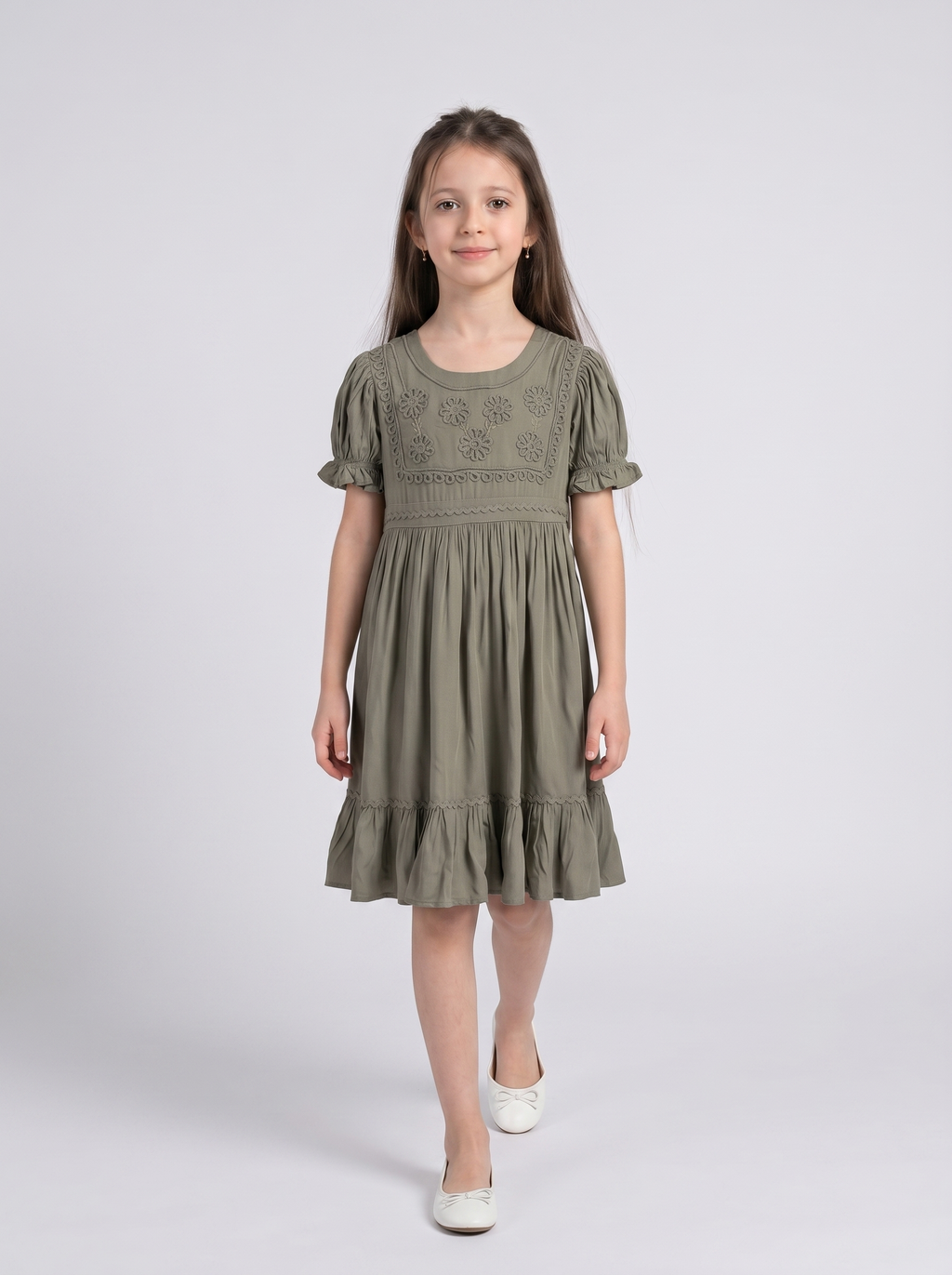Girls Cotton Woven Dress with Aari Work Embroidered Yoke & Puff Sleeves - Olive- MADR680U