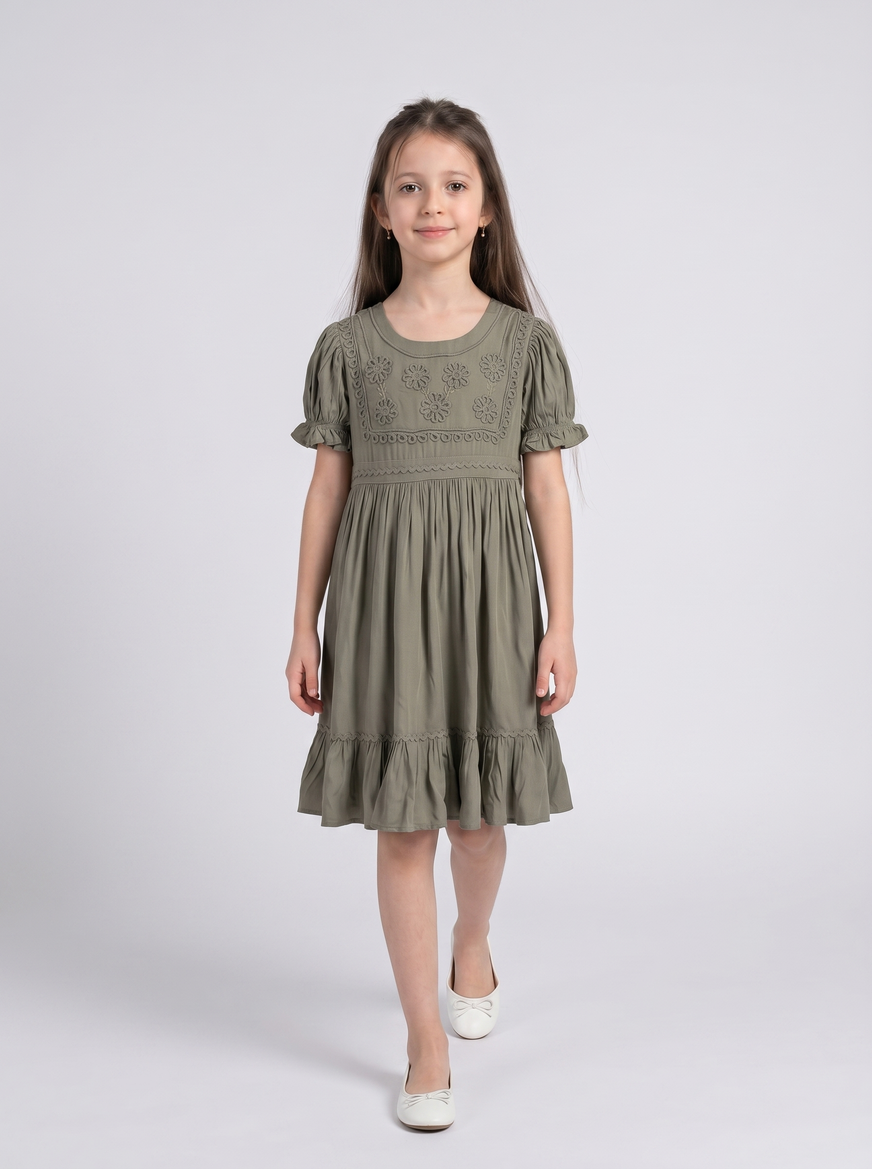 Girls Cotton Woven Dress with Aari Work Embroidered Yoke & Puff Sleeves - Olive- MADR680U