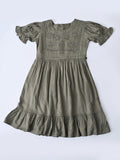 Girls Cotton Woven Dress with Aari Work Embroidered Yoke & Puff Sleeves - Olive- MADR680U