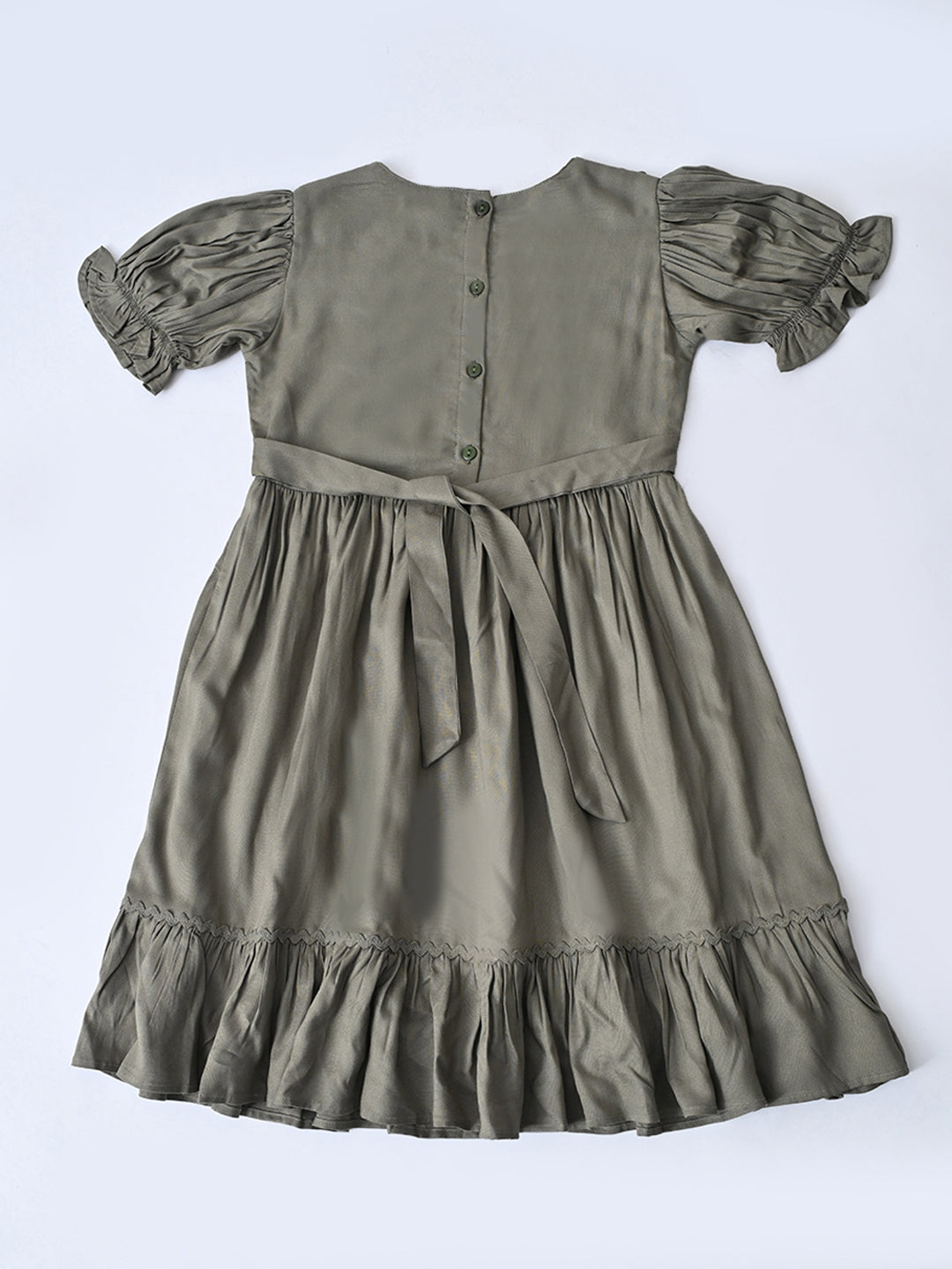 Girls Cotton Woven Dress with Aari Work Embroidered Yoke & Puff Sleeves - Olive- MADR680U