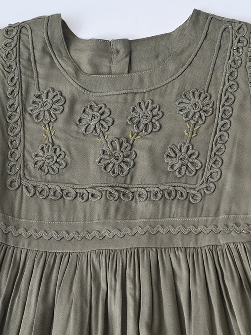 Girls Cotton Woven Dress with Aari Work Embroidered Yoke & Puff Sleeves - Olive- MADR680U
