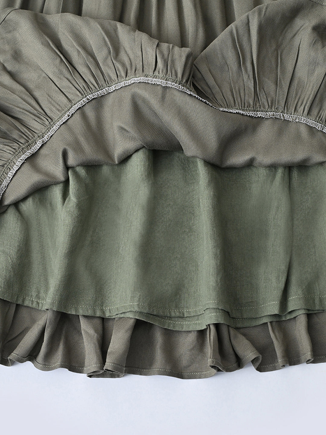 Girls Cotton Woven Dress with Aari Work Embroidered Yoke & Puff Sleeves - Olive- MADR680U