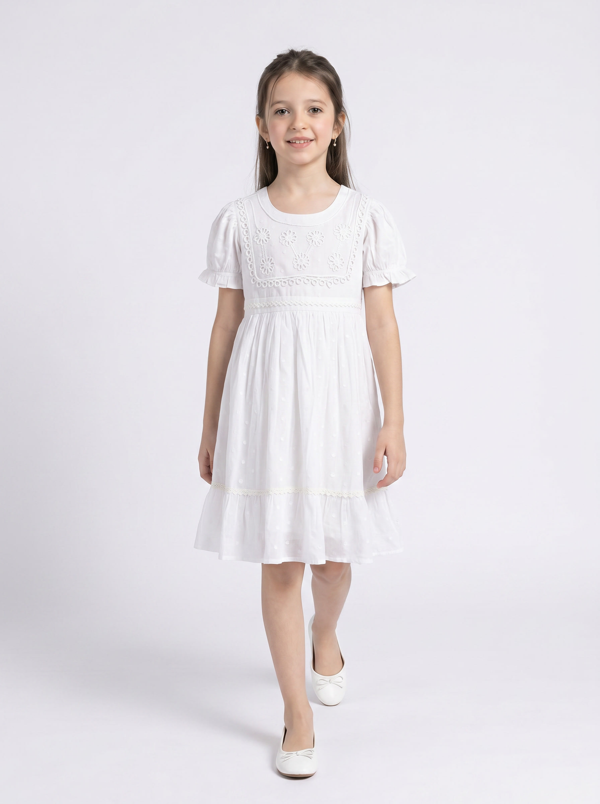Girls Cotton Woven Dress with Aari Work Embroidered Yoke & Puff Sleeves - White- MADR681U