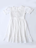 Girls Cotton Woven Dress with Aari Work Embroidered Yoke & Puff Sleeves - White- MADR681U