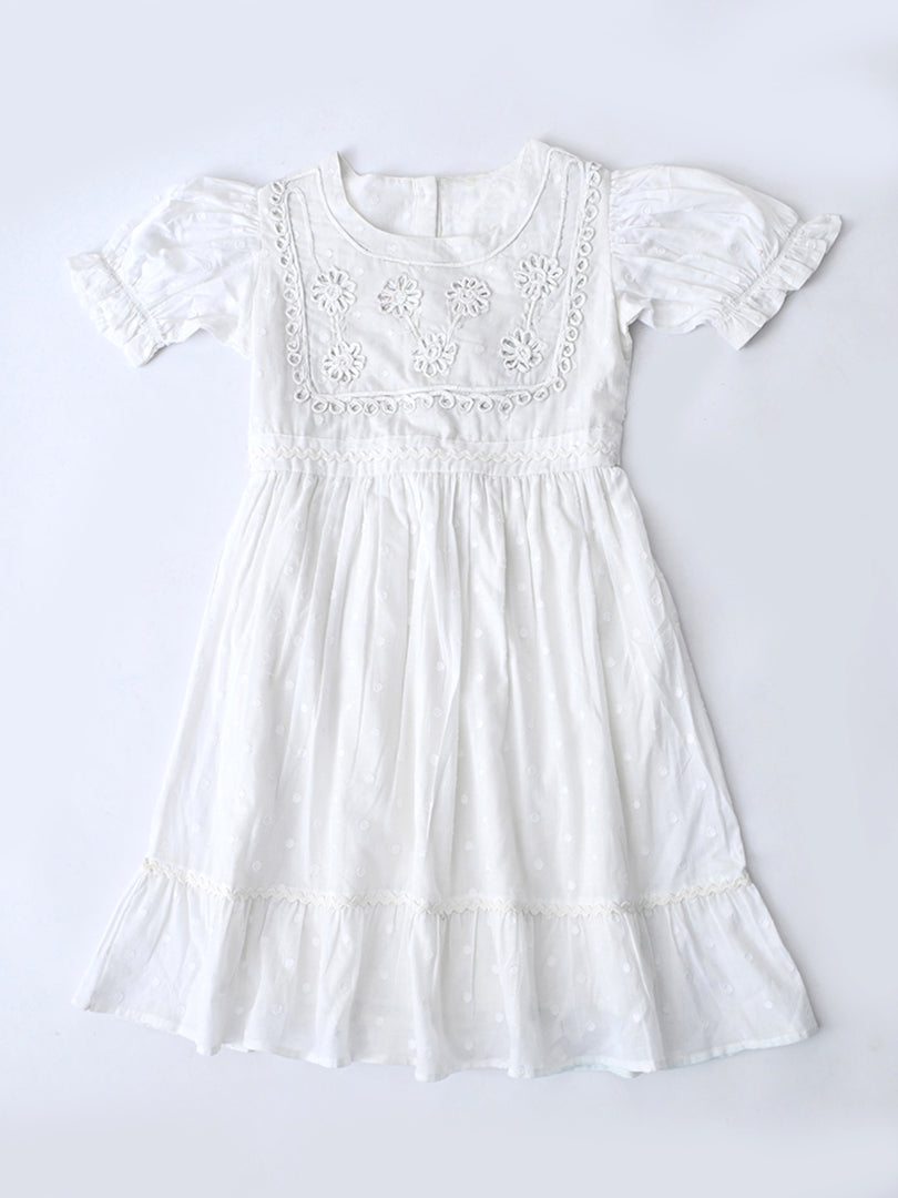 Girls Cotton Woven Dress with Aari Work Embroidered Yoke & Puff Sleeves - White- MADR681U