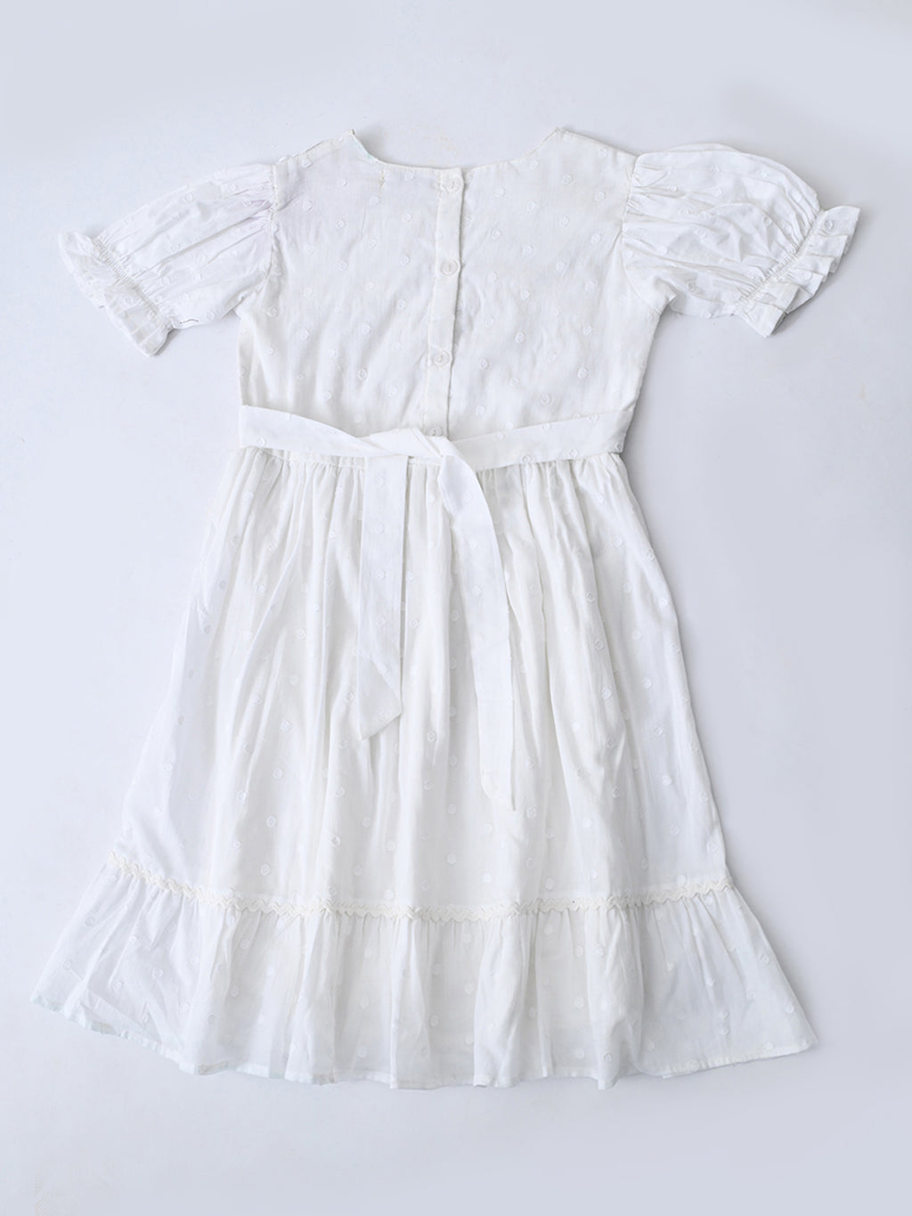 Girls Cotton Woven Dress with Aari Work Embroidered Yoke & Puff Sleeves - White- MADR681U