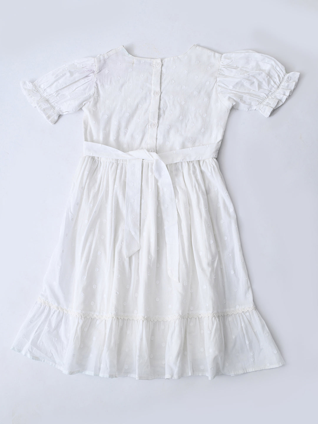 Girls Cotton Woven Dress with Aari Work Embroidered Yoke & Puff Sleeves - White- MADR681U