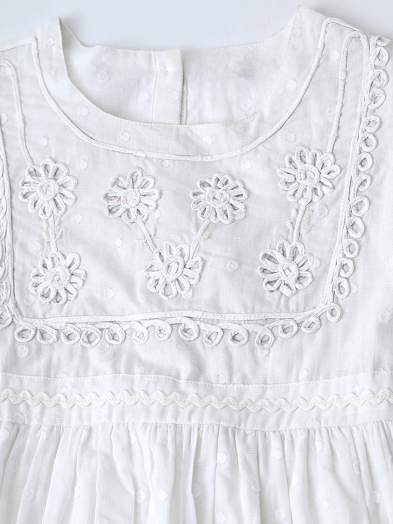 Girls Cotton Woven Dress with Aari Work Embroidered Yoke & Puff Sleeves - White- MADR681U