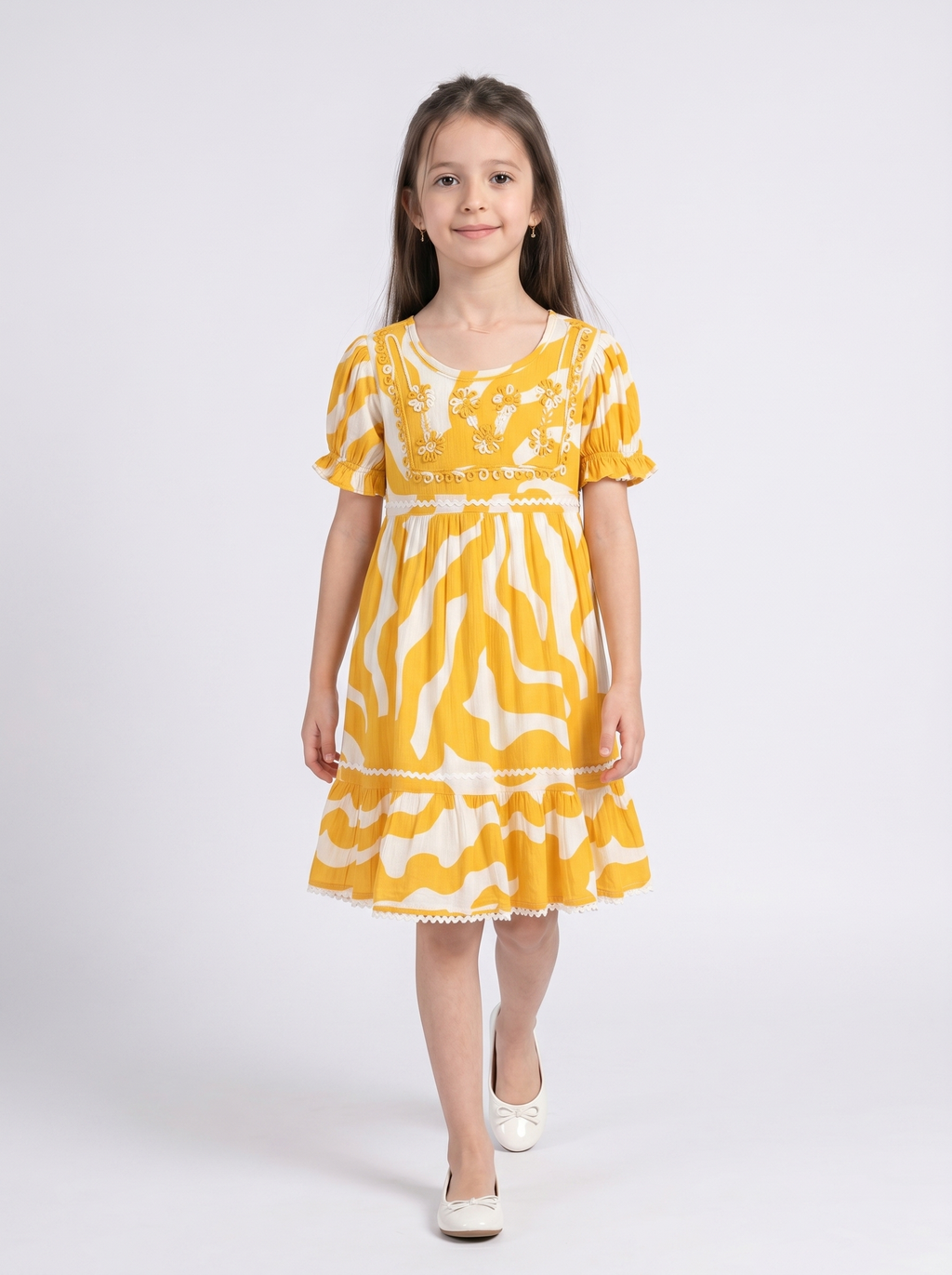 Girls Cotton Woven Dress with Aari Work Embroidered Yoke & Puff Sleeves -Yellow- MADR682U