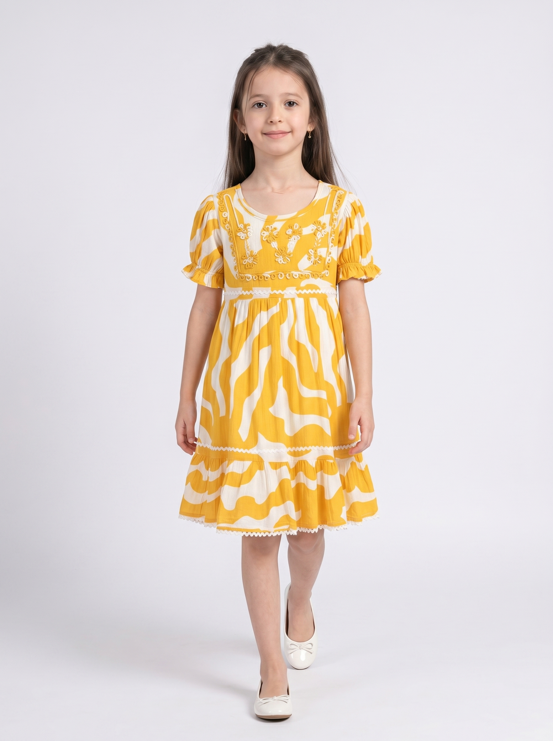 Girls Cotton Woven Dress with Aari Work Embroidered Yoke & Puff Sleeves -Yellow- MADR682U