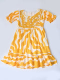 Girls Cotton Woven Dress with Aari Work Embroidered Yoke & Puff Sleeves -Yellow- MADR682U