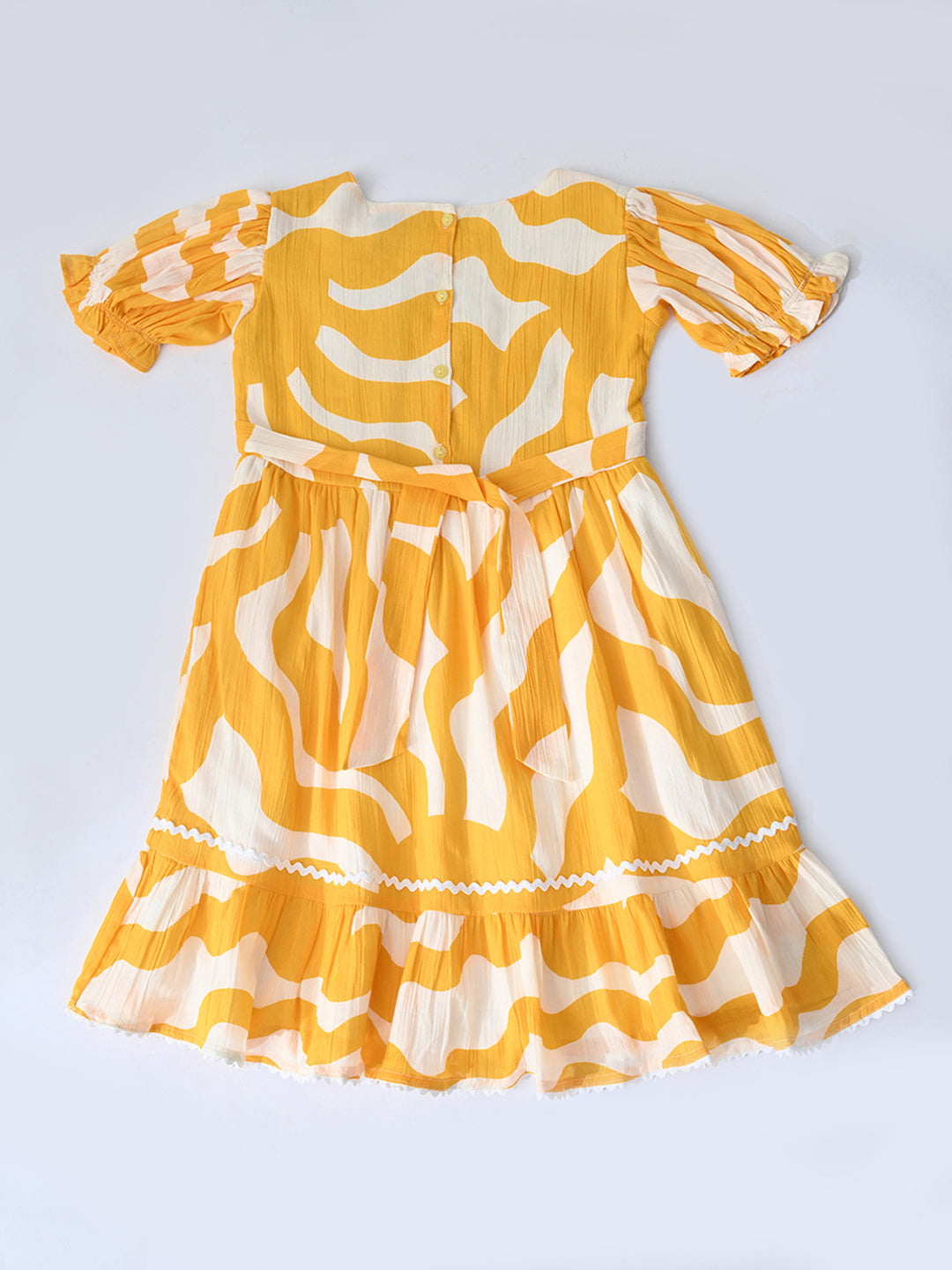 Girls Cotton Woven Dress with Aari Work Embroidered Yoke & Puff Sleeves -Yellow- MADR682U