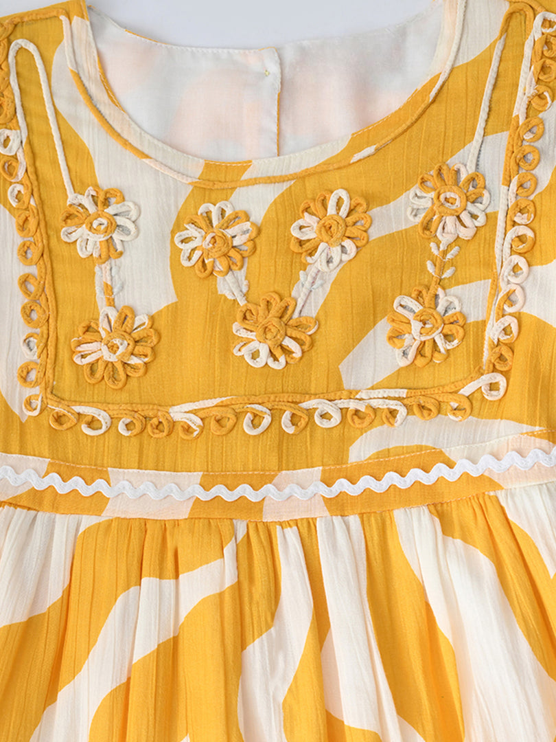 Girls Cotton Woven Dress with Aari Work Embroidered Yoke & Puff Sleeves -Yellow- MADR682U