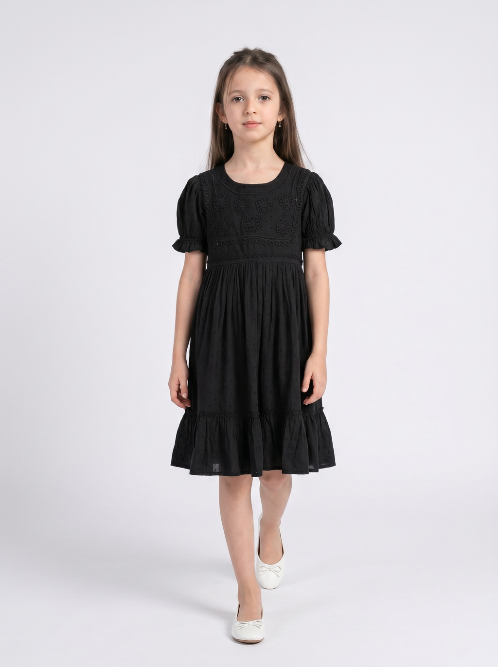 Girls Cotton Woven Dress with Aari Work Embroidered Yoke & Puff Sleeves -Black- MADR683U