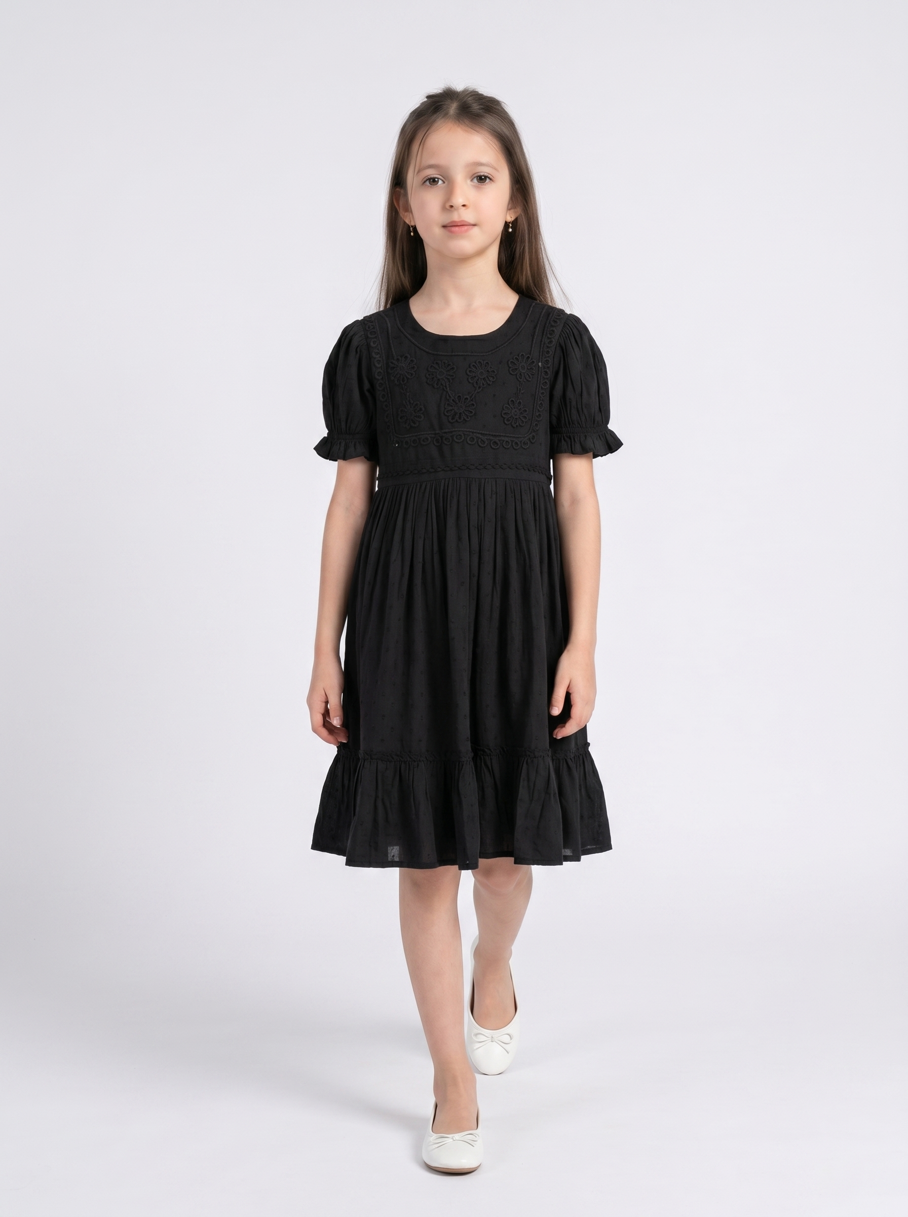 Girls Cotton Woven Dress with Aari Work Embroidered Yoke & Puff Sleeves -Black- MADR683U