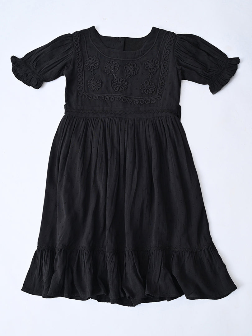 Girls Cotton Woven Dress with Aari Work Embroidered Yoke & Puff Sleeves -Black- MADR683U