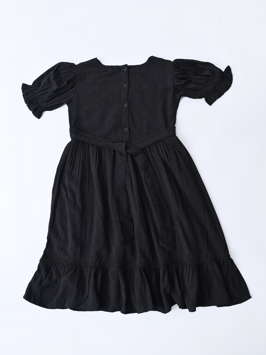 Girls Cotton Woven Dress with Aari Work Embroidered Yoke & Puff Sleeves -Black- MADR683U