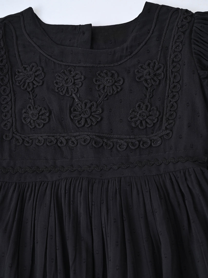 Girls Cotton Woven Dress with Aari Work Embroidered Yoke & Puff Sleeves -Black- MADR683U