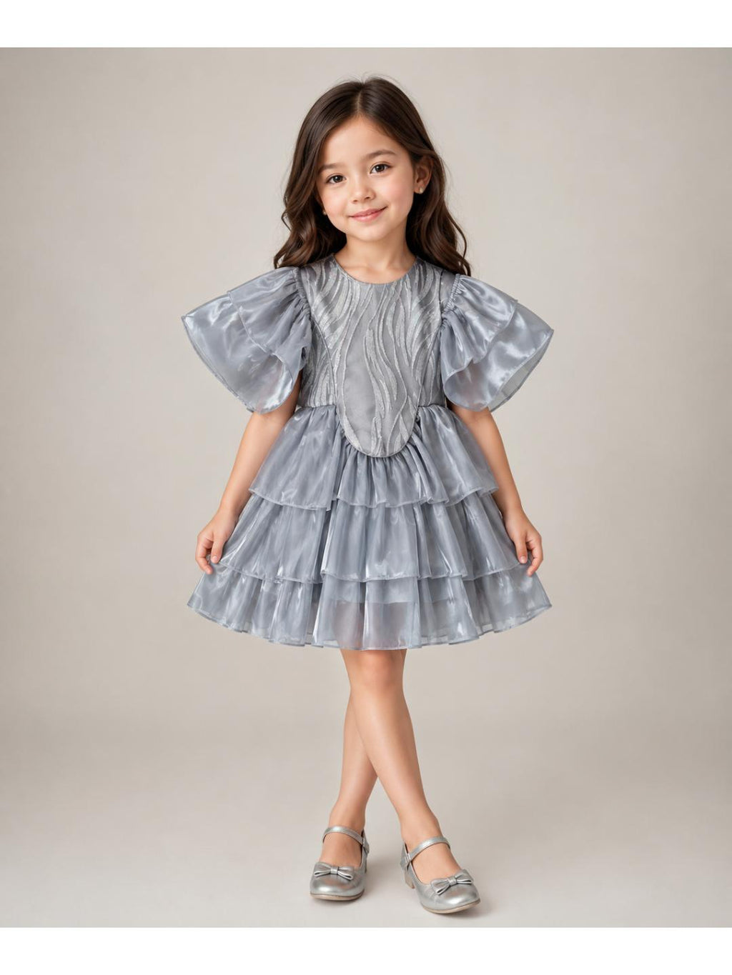 Girls Silver Puff Sleeve Party Dress- PW331Z