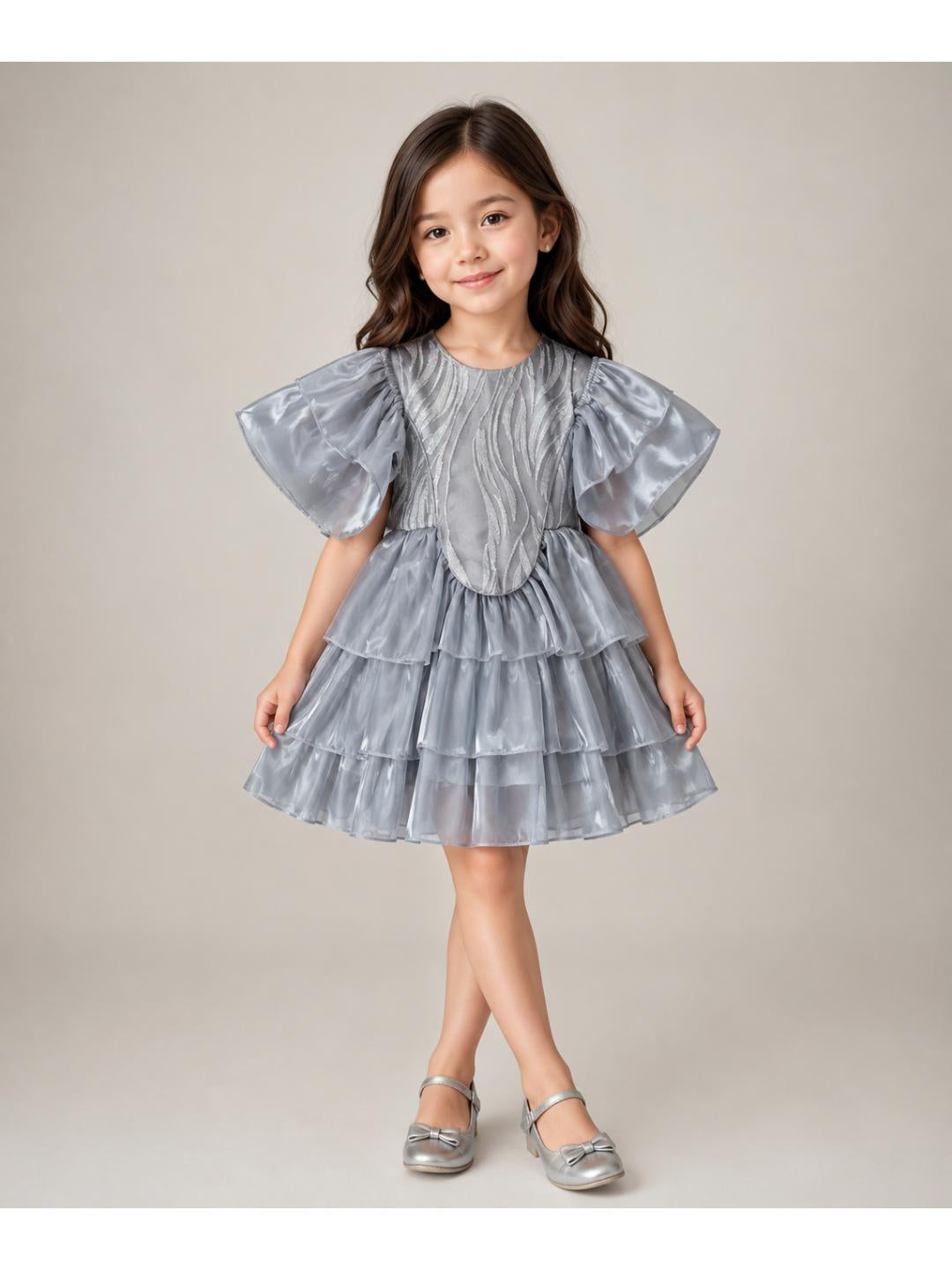 Girls Silver Puff Sleeve Party Dress- PW331Z