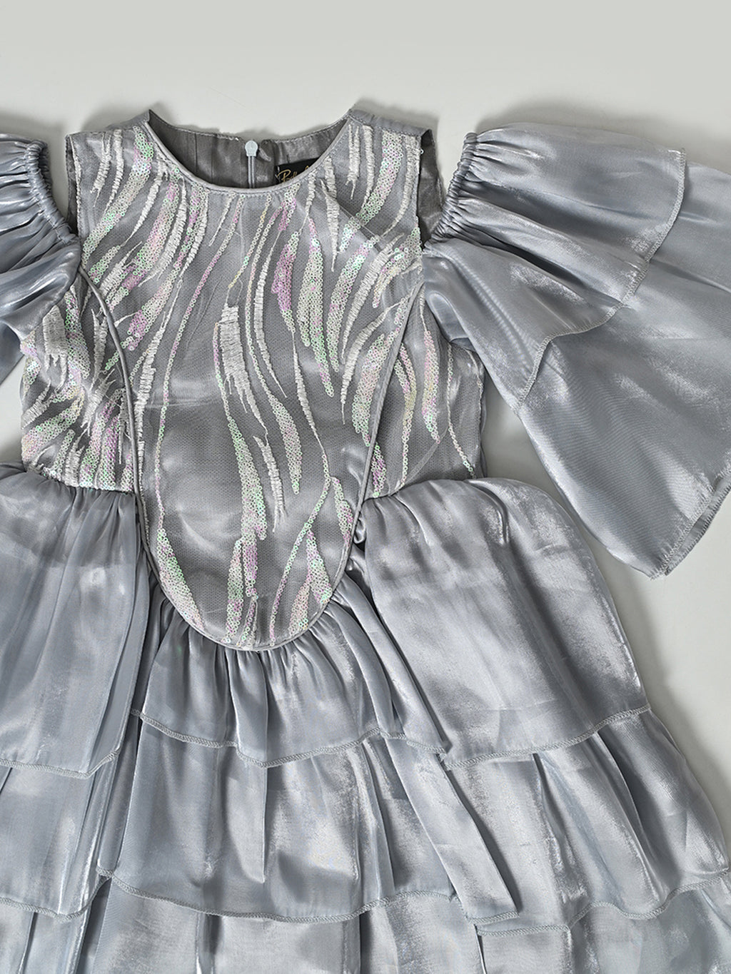 Girls Silver Puff Sleeve Party Dress- PW331Z