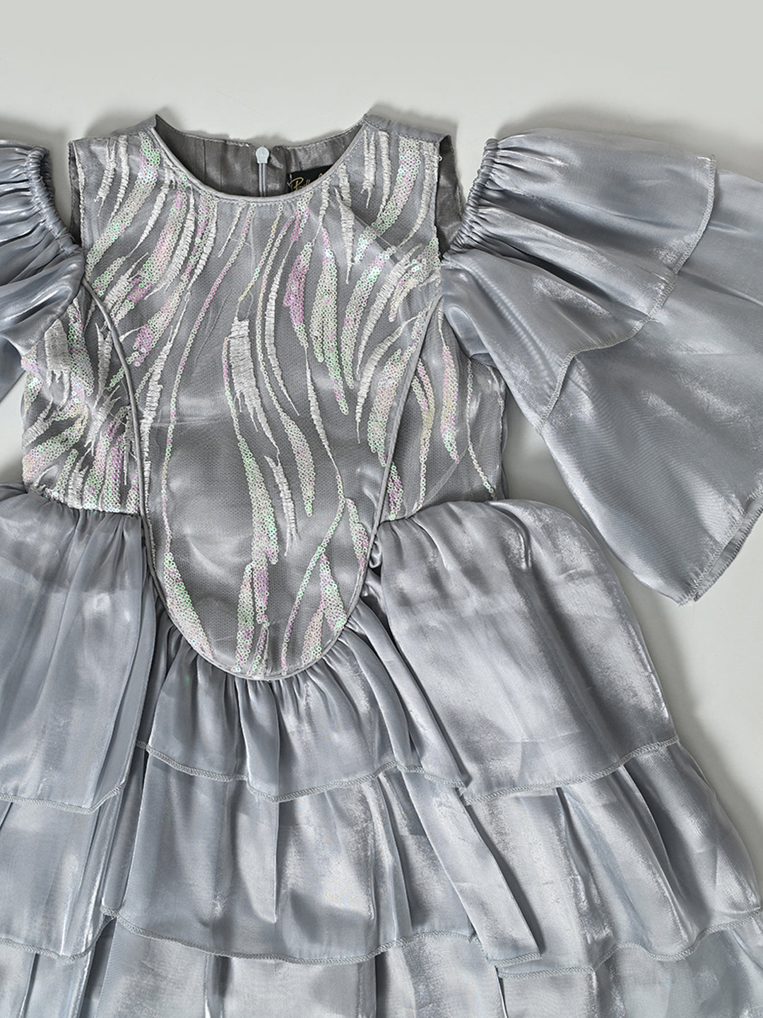 Girls Silver Puff Sleeve Party Dress- PW331Z