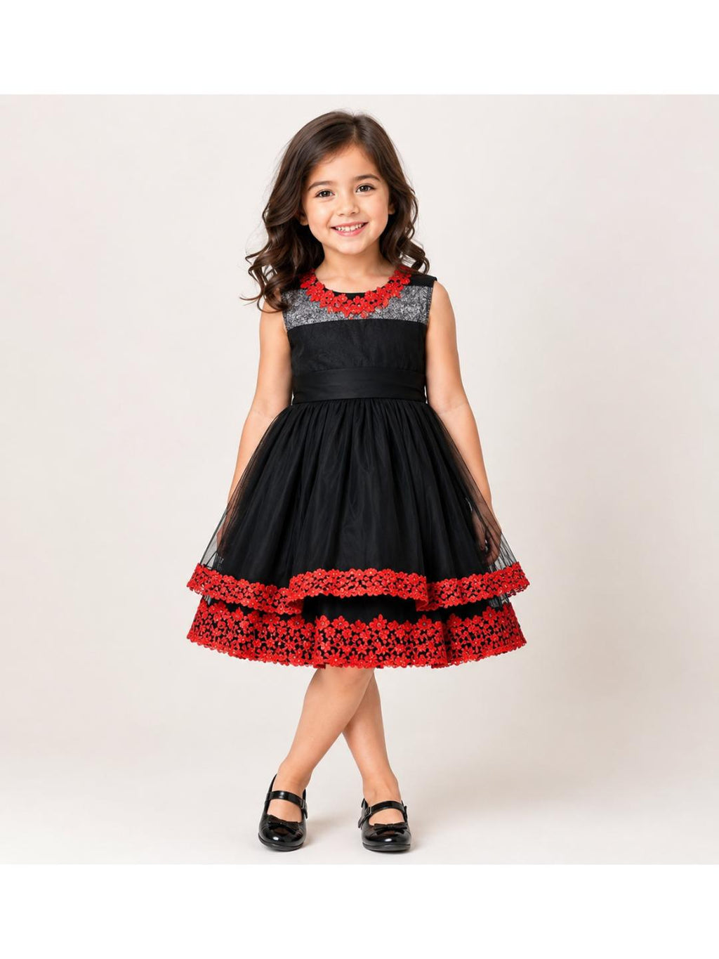 Girls Black Red Layered Party Dress- PW340X
