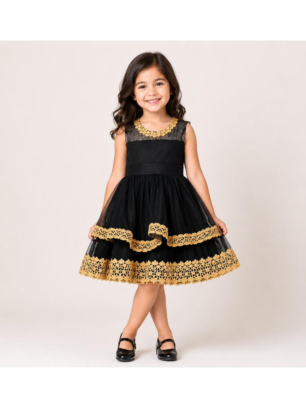 Girls Black Gold Embellished Party Dress- PW341X