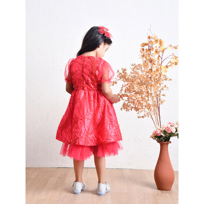 Girls Red Layered Party Dress- PW397V
