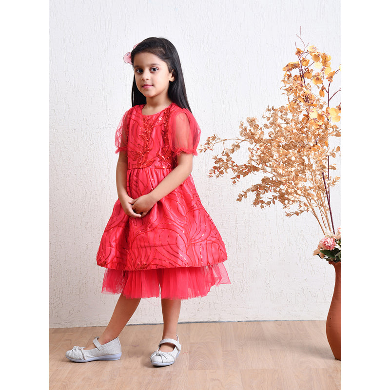 Girls Red Layered Party Dress- PW397V