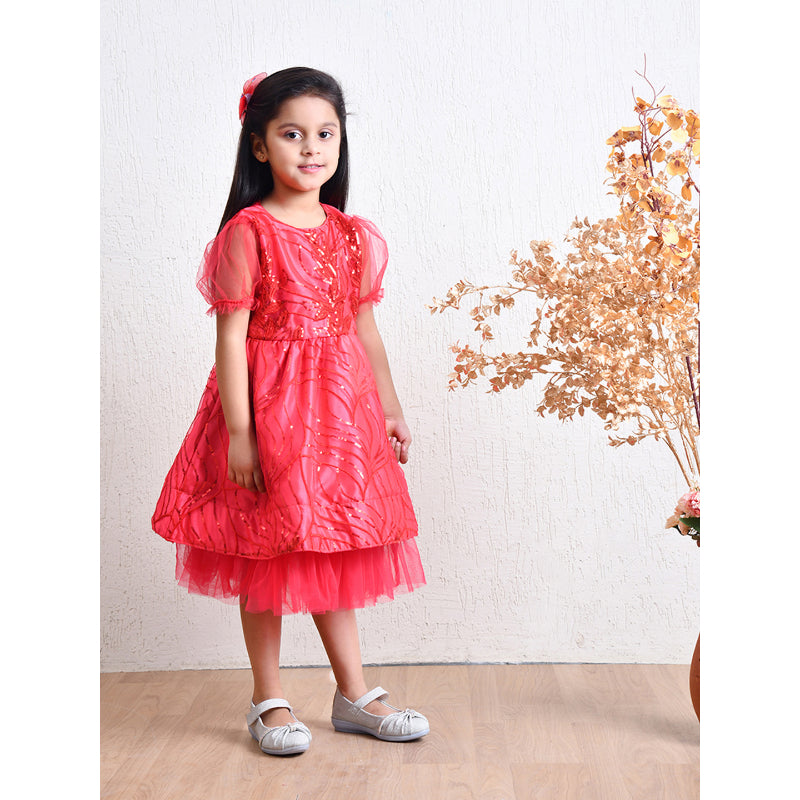 Girls Red Layered Party Dress- PW397V