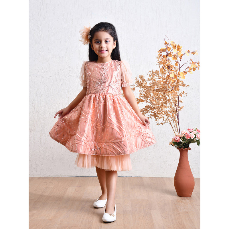 Girls Peach Shimmer Tulle Party Dress- PW399V