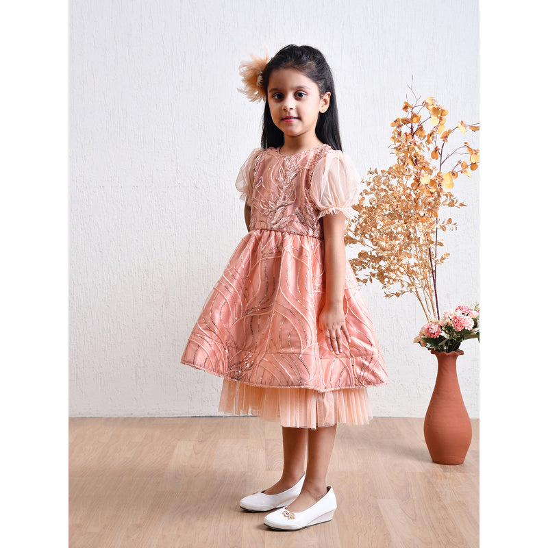 Girls Peach Shimmer Tulle Party Dress- PW399V