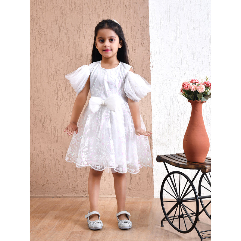 Girls White Puff Sleeve Tulle Party Dress- PW408X