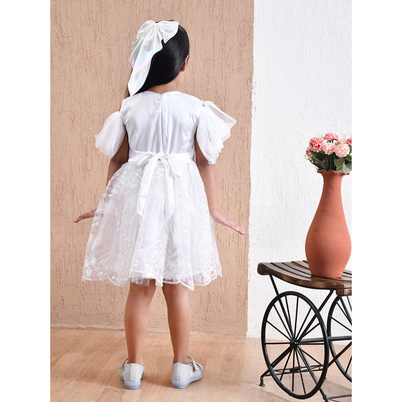 Girls White Puff Sleeve Tulle Party Dress- PW408X