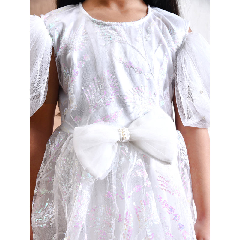 Girls White Puff Sleeve Tulle Party Dress- PW408X