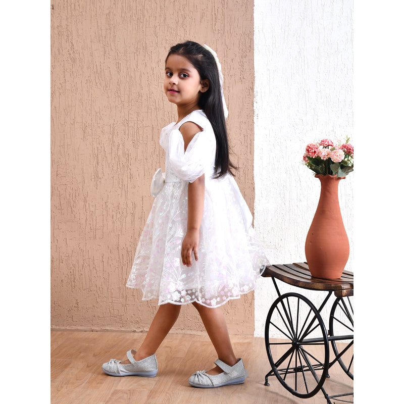 Girls White Puff Sleeve Tulle Party Dress- PW408X