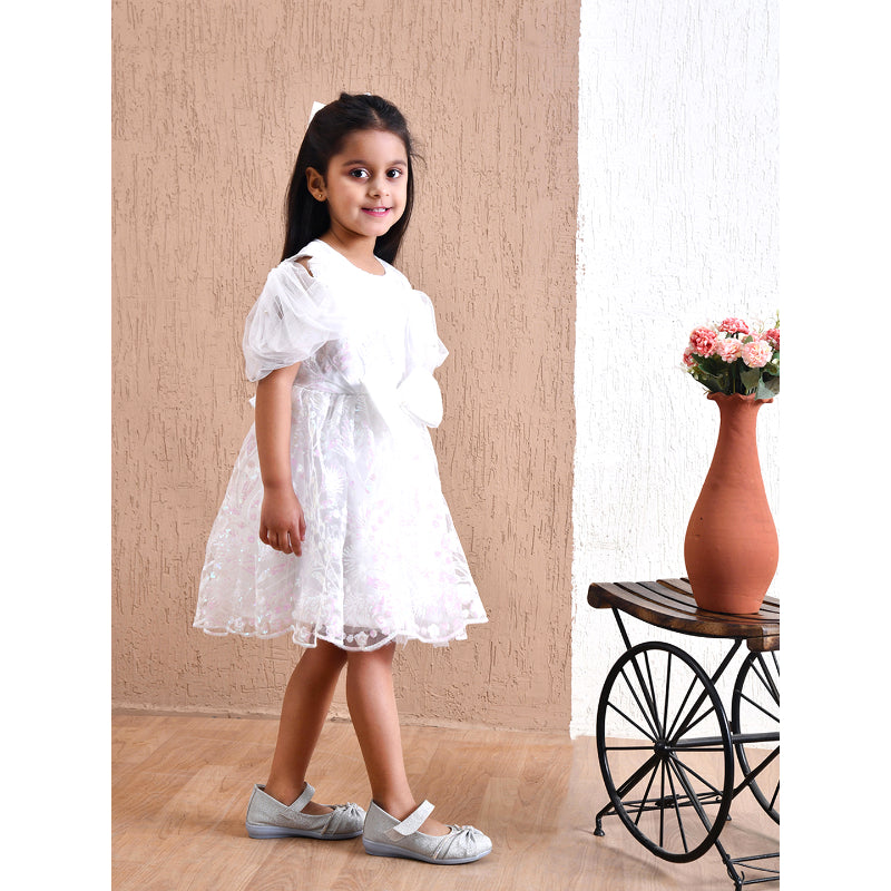 Girls White Puff Sleeve Tulle Party Dress- PW408X