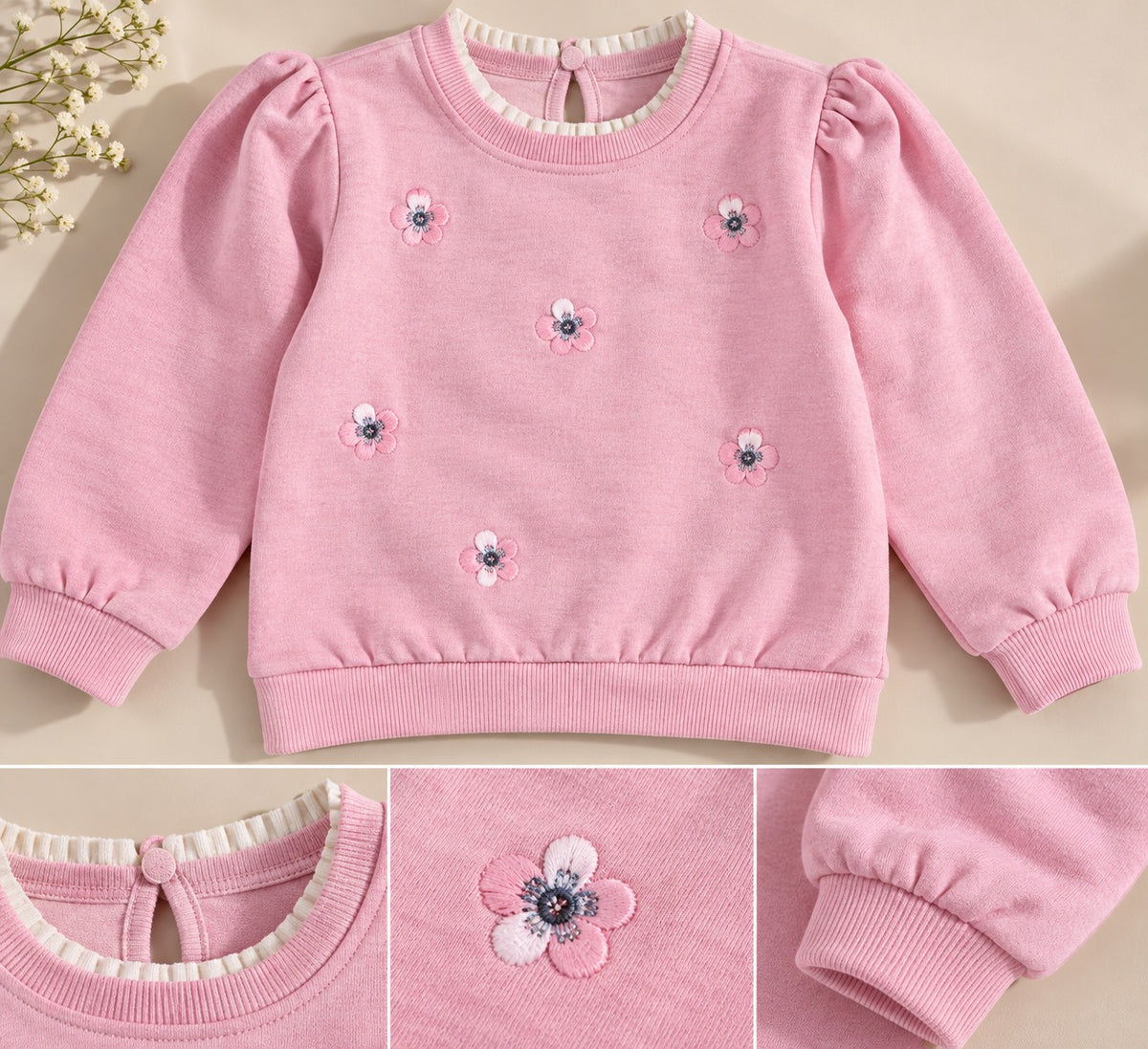 Girls Floral Embroidered Sweatshirt with Ruffle Shoulders-WIN81J